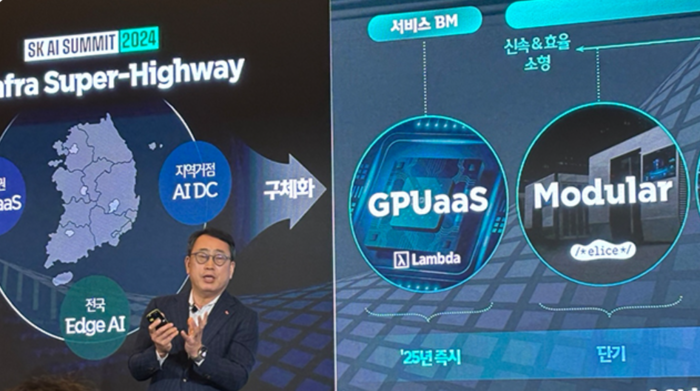 유영상 SK텔레콤 대표가 지난달 2일(현지시각) 스페인 바르셀로나에서 열린 ‘모바일 월드 콩그레스(MWC) 2025’ 기자간담회에서 ‘AI 피라미드 2.0’ 전략을 발표하고 있다. (사진=연합뉴스)