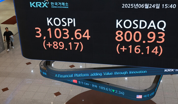 24일 서울 여의도 한국거래소 현황판에 코스피와 코스닥지수 종가가 표시돼 있다. (사진=연합뉴스)