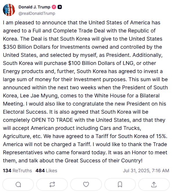 도널드 트럼프 대통령이 자신의 SNS에 올린 한미 관세 협상 타결에 대한 글. (사진=트루스소셜 갈무리)