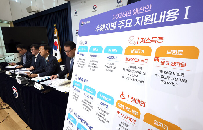 구윤철 부총리 겸 기획재정부 장관(왼쪽 셋째)이 지난 28일 정부세종청사 중앙동 공용브리핑실에서 2026년도 예산안에 관해 설명하고 있다. (사진=연합뉴스)