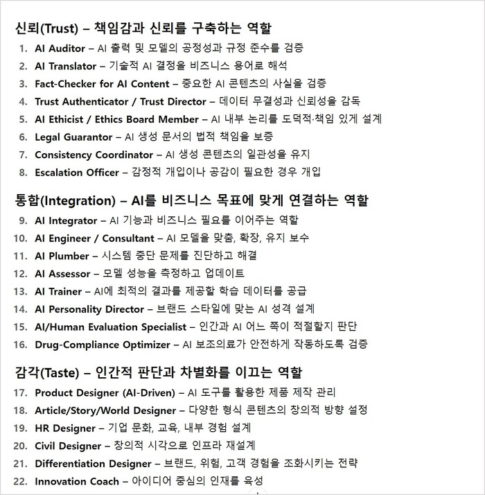 미국 ‘뉴욕타임스 매거진’은 2025년 6월17일 기사에서 인공지능 확산으로 22개의 새로운 직업군이 부상할 것이라고 전망했다. 신뢰, 통합, 감각 세 분야에서 신종 유망 직업의 출현이 주목된다.