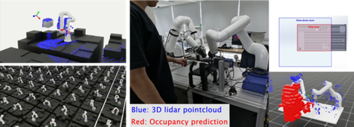 로봇 동작 중 작업자와의 충돌을 감지하고 회피하는 강화학습에 대한 실험이 진행되고 있다. (사진=뉴로메카 제공) 