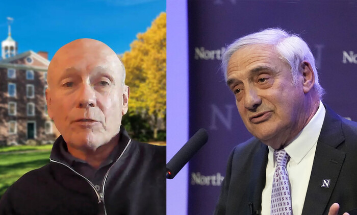 노벨경제학상을 공동수상한 피터 하윗 미 브라운대 교수(왼쪽)와 조엘 모키어 미 노스웨스턴대 교수가 수상 뒤 각각 소감을 밝히고 있다. (사진=AP 연합뉴스)