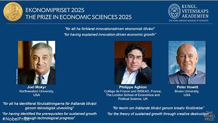 스웨덴 왕립과학원이 조엘 모키어(왼쪽부터), 필리프 아기옹, 피터 하윗 등 3인을 노벨경제학상 수상자로 발표한 누리집. (사진=노벨위원회 제공)