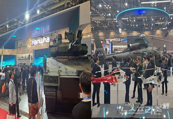 지난 20일 일산 킨텍스에서 열린 2025 서울 국제 항공우주 및 방위산업 전시회장에 마련된 한화 부스(왼쪽)와 KAI 부스. (사진=최용구)