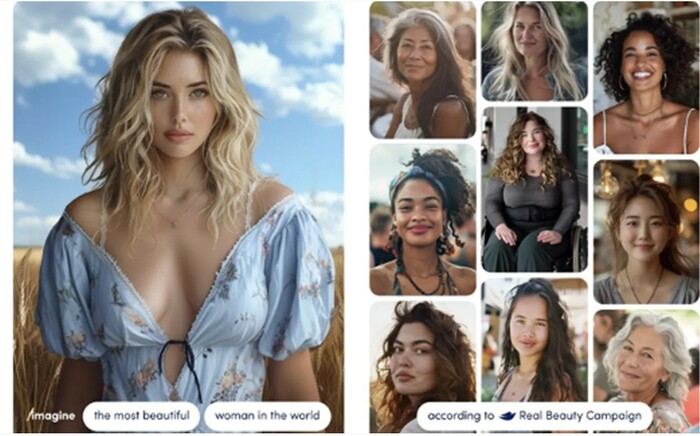 여성들은 AI 이미지 생성기에 아름다움이 어떤 모습인지 보여달라는 메시지를 제출하지만 비현실적인 결과를 받게 된다.(왼쪽 사진) 유니레버는 AI시대에 새로운 컨셉의 '리얼뷰티' 캠페인을 진행하고 있다.(오른쪽). (사진=유니레버 제공)