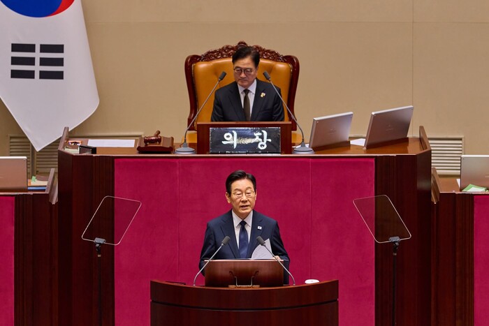 이재명 대통령이 국회에서 내년 예산안과 관련해 시정연설을 하고 있다.(사진=대통령실)