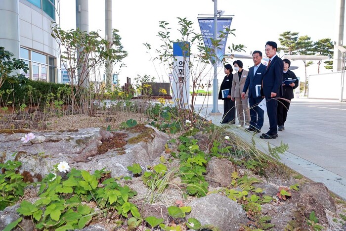 시청사 실외정원 조성이 완공된 모습.(사진=사천시)