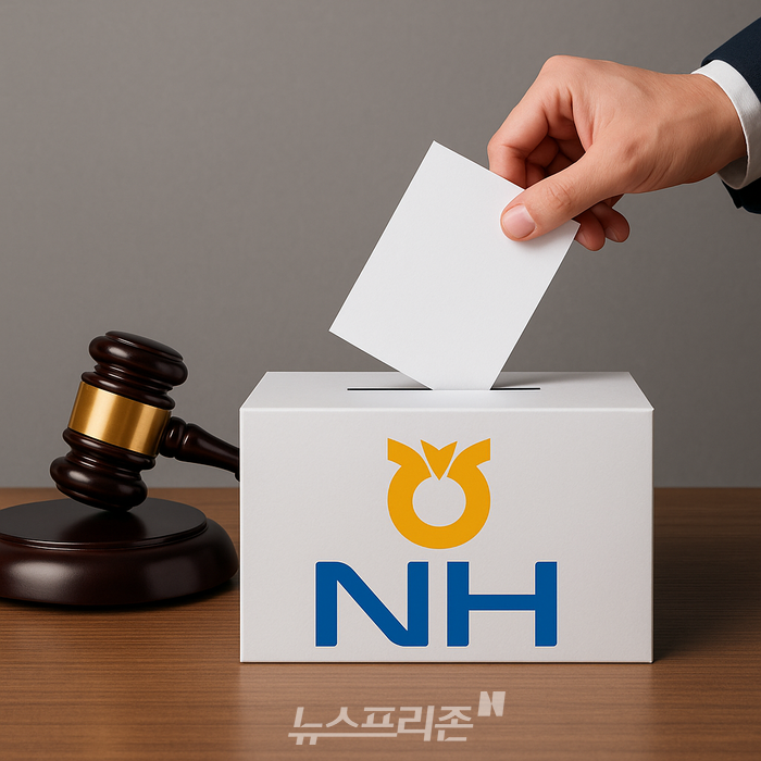 농협중앙회가 2027년 제4회 전국 동시조합장선거를 앞두고 선거관리사무국 신설과 ‘무관용 원칙’ 도입 등 선거관리 체계 전면 개편에 나선 가운데, 공정한 선거관리와 법 준수를 상징하는 투표함과 판결봉을 배치한 이미지.