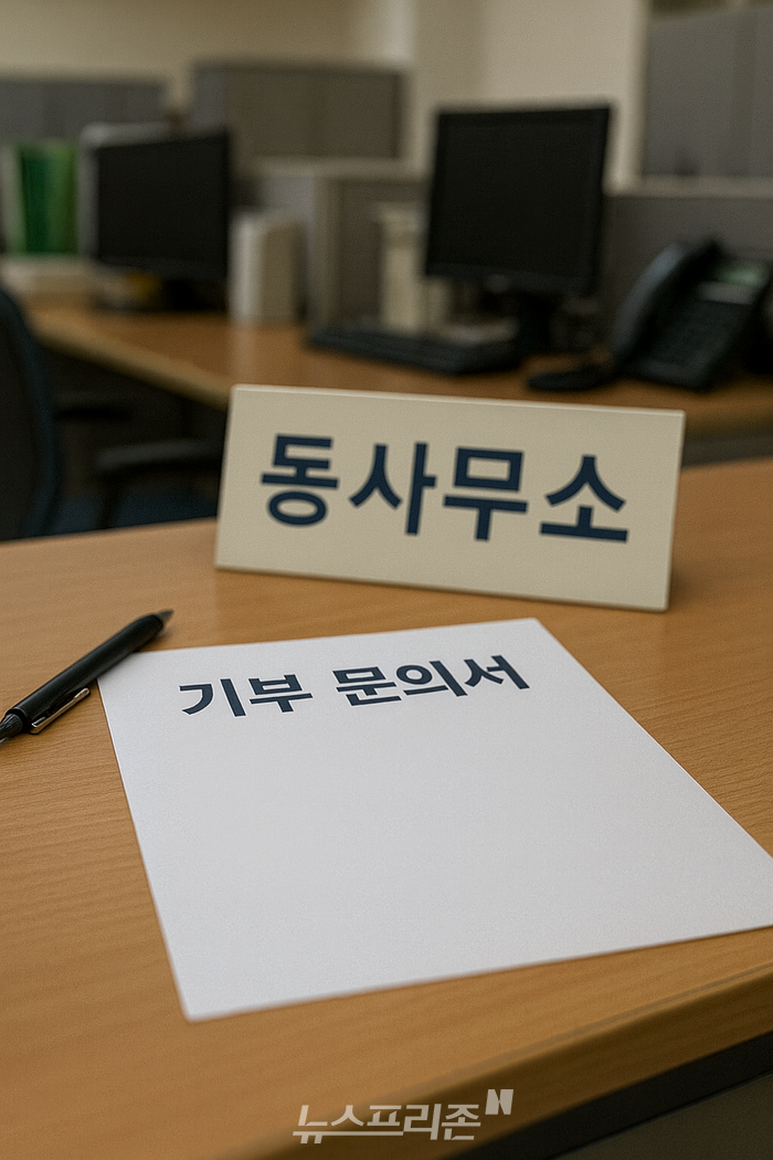 전주시 한 동사무소 민원창구에서 ‘기부 문의서’가 책상 위에 놓여 있는 모습. 복지 기부 상담의 첫 관문이 되는 행정 창구의 분위기를 상징적으로 보여준다.