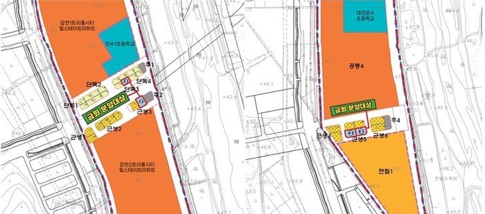 갑천지구 친수구역 분양대상 위치도. (좌)원신흥동, (우)도안동.(사진=대전도시공사)
