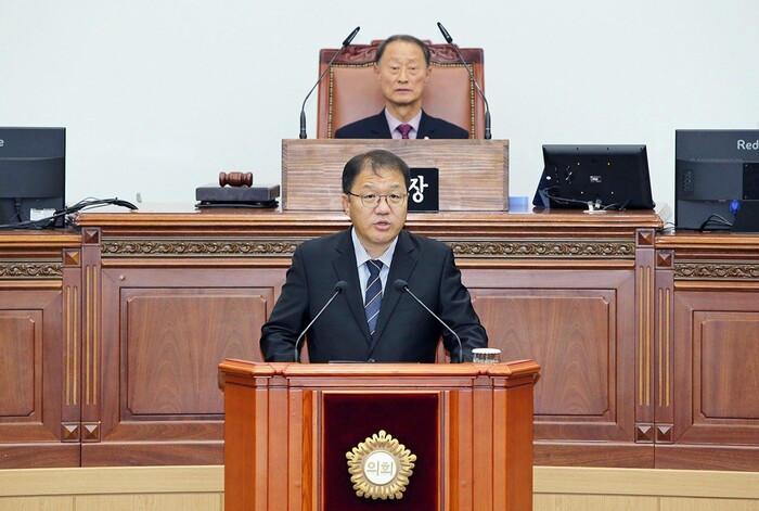 장금용 창원특례시장 권한대행이 25일 ‘제148회 창원시의회 제2차 정례회’ 제1차 본회의에서 시정연설을 하고 있다.(사진=창원시) 