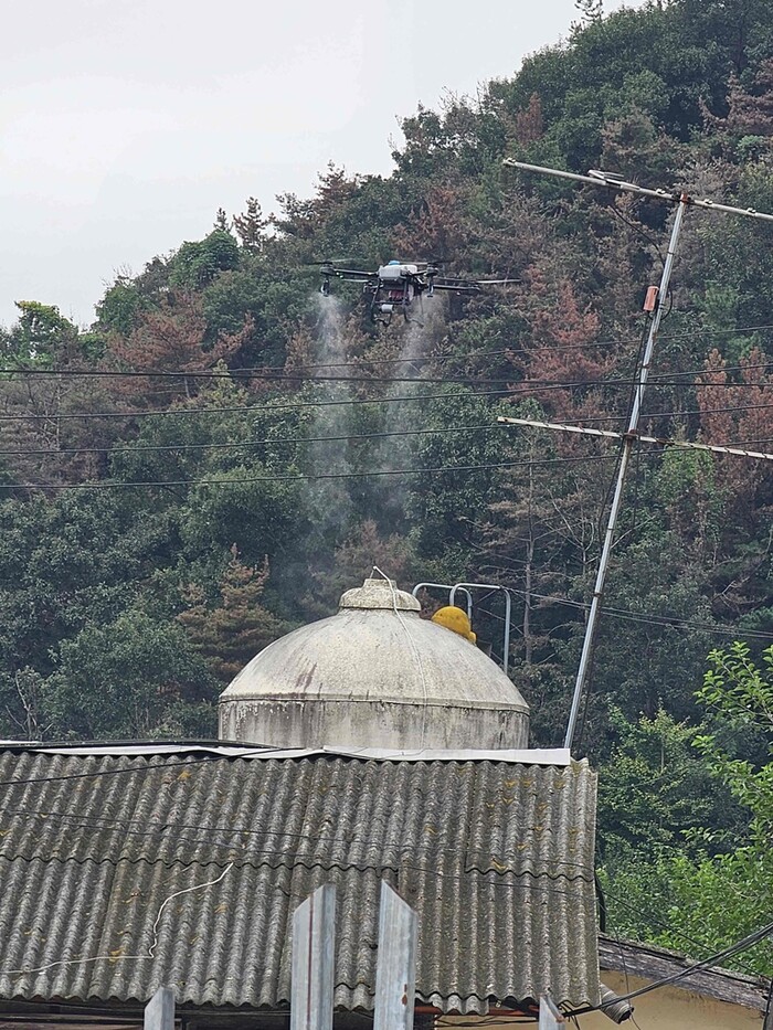 조류인플루엔자 유입 차단과 방역 사각지대 해소를 위해 드론항공방제를 실시하고 있다.(사진=밀양시) 